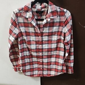 Banana Republic Red White Plaid Button-Down Shirt with Navy Accents